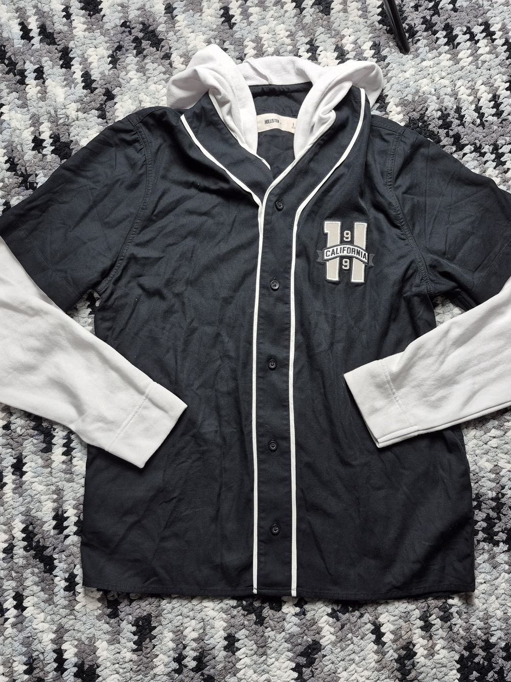 Hollister Black and White Hooded Baseball-Style Long Sleeve Shirt